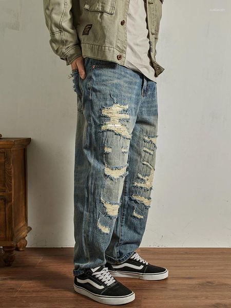 Jeans pour hommes lavé trou déchiré denim rétro streetwear style américain pantalon ample décontracté pour hommes 2024 printemps arrivée