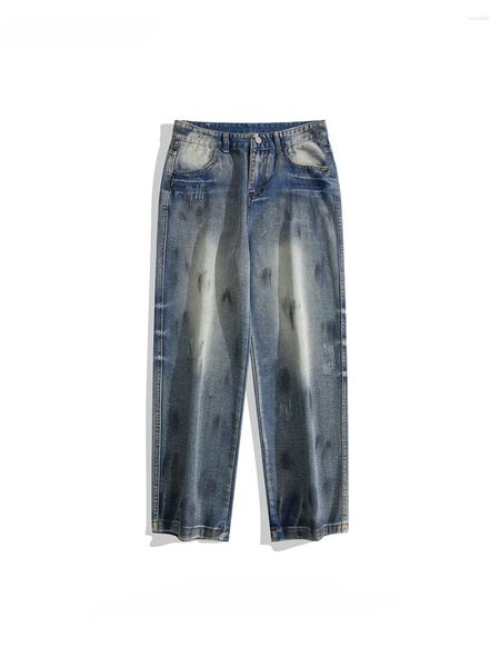 Jeans pour hommes lavés à l'eau en détresse trou rayé tendance européenne américaine niche hip-hop tie-dye beau pantalon en denim droit