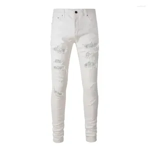 Jeans pour hommes Blanc Crystal Hole Ripped Hommes Pantalons Skinny Strass Spandex Pantalon Mâle Casual Vêtements Quotidiens