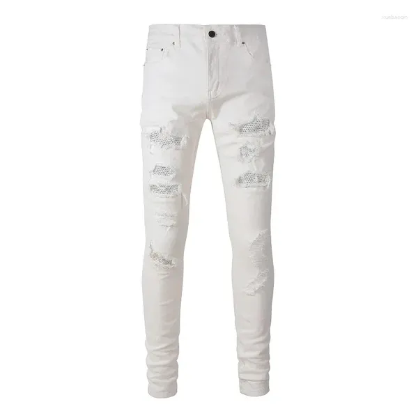 Jeans para hombres Agujero de cristal blanco Pantalones de hombres rasgados Rhinestones flacos Pantalones de spandex Ropa diaria casual masculina