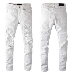 Jeans voor heren Witte noodlijdende, nauwsluitende broek, streetwear ribbels, patchwork, magere stretchgaten, high street gescheurde jeans