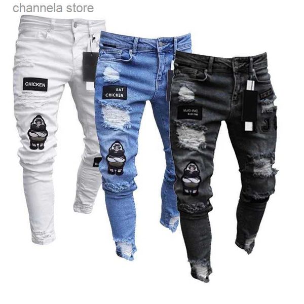 Jeans para hombres Jeans bordados blancos Hombres Algodón Elástico Jeans ajustados rasgados Alta calidad Hip Hop Agujero negro Slim Fit Pantalones de mezclilla de gran tamaño T240205