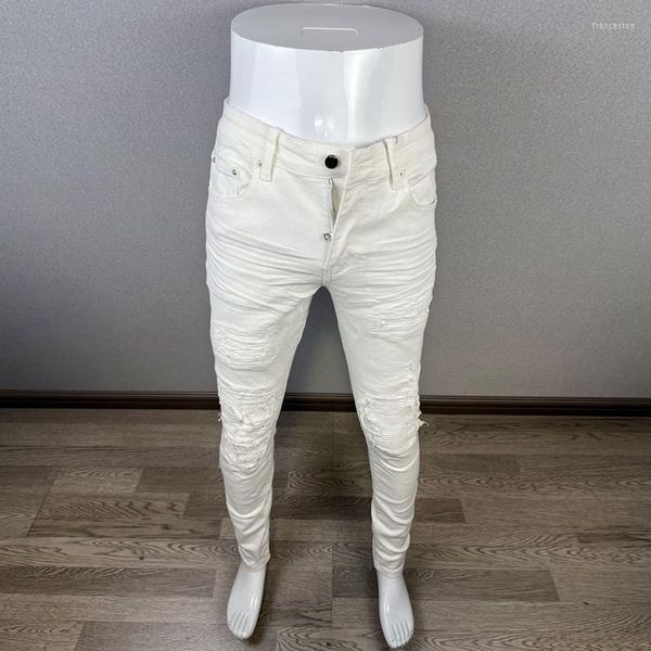 Pantalones vaqueros blancos de diseñador a la moda para Hombre, pantalones vaqueros ajustados con parches elásticos para Hombre, ropa informal rasgada, pantalones vaqueros de marca Hip Hop para Hombre