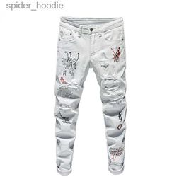 Jeans masculinos jeans brancos homens moda na moda bordado letras faculdade meninos slim fit pista zíper calças jeans destruído rasgado jeans preto l230921