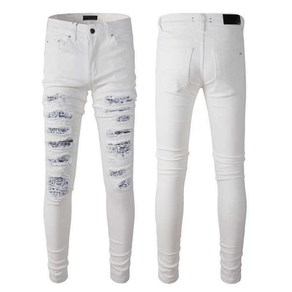 Jeans para hombres Hombre blanco Denim Mens Skinny Biker Slim Rodilla Rasgada Rock Distressed Regular Motorcycle Fit Street Plus Tamaño Chicos de moda Largo RectoCowboy