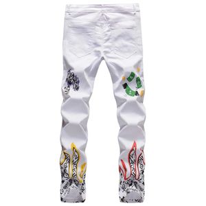 Jeans masculin pantalon blanc hommes skinny fit motif graphique en denim imprimé numérique
