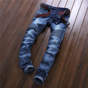 Heren jeans Heren Wholesale- Koning Bright Clothing Designer Broek Blauw Vernietigd Mens Slanke Denim Rechte Biker Skinny Ripped Jean 28-38