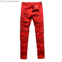 Jeans de hombre Venta al por mayor- Moda de hombre rojo blanco agujeros negros rasgados plisados jeans de motorista moto Casual estiramiento delgado Cremallera de rodilla destruir pantalones de mezclilla pantalones Z230707