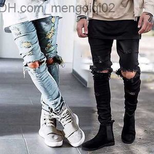 Jeans pour hommes en gros-Mens Ripped Skinny Straight Slim Élastique Denim Fit Biker Jeans Pantalon Long Pantalon Élégant Straight Slim Fit Jeans Z230711