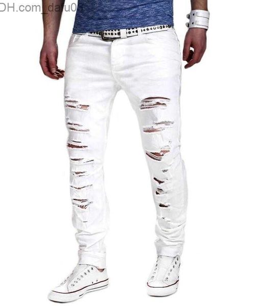 Jeans de hombre Al por mayor- Ripped Denim White jeans nuevos hombres Biker Distressed Jeans Mens destroy skinny jeans homme hombres pantalones Joggers Z230720