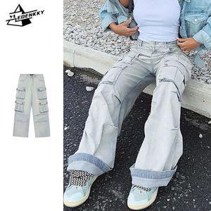 Jeans pour hommes Cargo à jambes larges Hommes Femmes Hip-Hop High-Rise Pantalon en denim droit Rétro Multi-poches Pantalon ample lavé en détresse unisexe