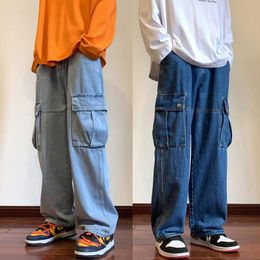 Pantalones vaqueros de pierna ancha para hombre, ropa de calle de otoño, pantalones holgados de Hip Hop con bolsillos grandes para hombre, moda coreana, ropa recta holgada para hombre, azul 230712