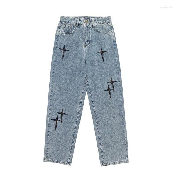 Jeans pour hommes Pantalon cargo à jambes larges Broderie croisée Streetwear Baggy Hommes 2023 Printemps Automne Coréen Y2K Lâche Droite Tissu Mâle