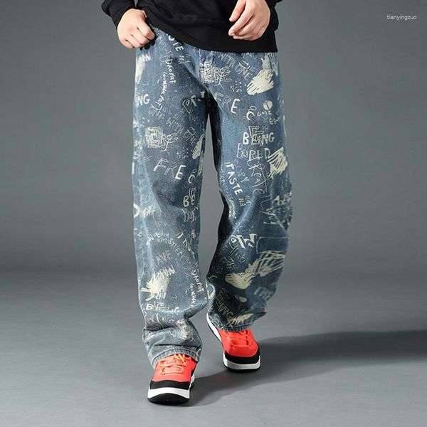 Jean homme jambe large ample imprimé Graffiti pantalon de Skateboard Streetwear Hip Hop droit Denimpantalon grande taille 42 44 46