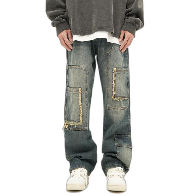 Men's High Street Wide Leg Y2K Denim Pants -  Unisex Baggy denim trousers mens with Spliced Distressed Finish