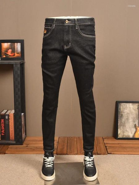 Jeans para hombres Invierno Negro Plus Terciopelo Retro Clásico Simple Alto Elástico Slim Fit Pies Moda coreana Pantalones casuales