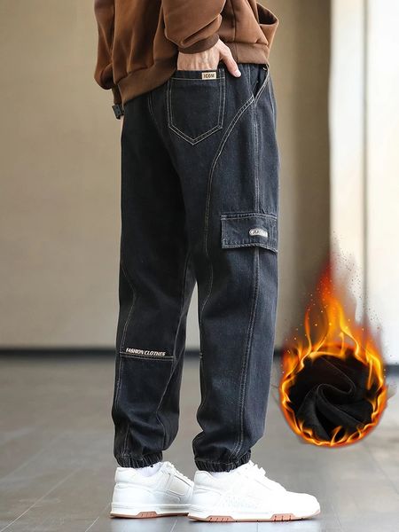 Men's Jeans Hiver fausse poche hommes jean Streetwear épais polaire chaud Denim Cargo pantalon mâle thermique survêtement pantalon grande taille 8XL 231207