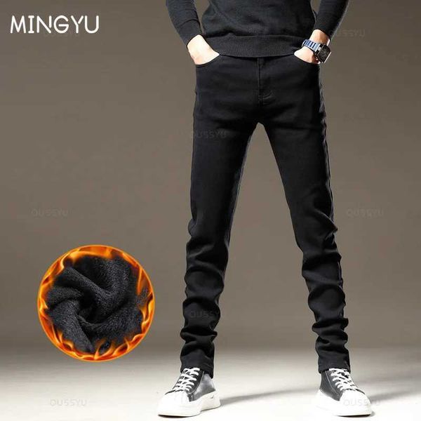 Jeans para hombres Winter Fleece Warm Black Men's Skinny Jeans Fashion Algodón Cotton Fit Pantalones de mezclilla Corea Barrios Corea