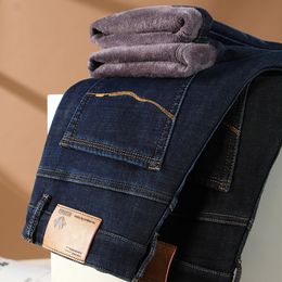 Heren jeans winter fleece warme business klassiek stijl mode rechte rek denim broek mannelijke merk broek zwart blauw 220923