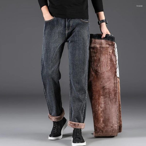 Jeans pour hommes hiver polaire chaud épaissi classique taille haute ample droit Denim pantalon rétro gris fumée élastique pantalon 42 44