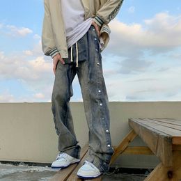 Jeans pour hommes Hiver lâche jean droit hommes mode Double côté bouton Streetwear décontracté Hip Hop pantalon large jambe Vintage bleu pantalon 221008