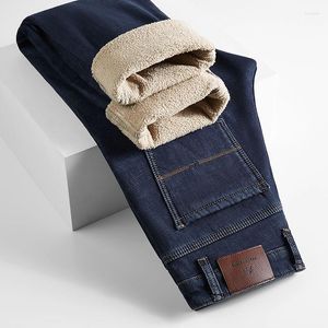 Heren jeans winter heren fleece warme business klassiek stijl mode all-match dikker rechte pijten spijker aan spijkerbroek mannelijke merk kleding