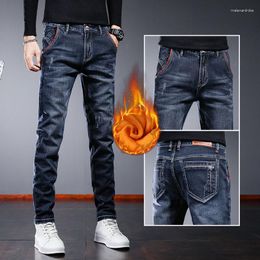 Heren Jeans Winterbroek Geborsteld Denim Slim Streetwear Skinny Ripped Velvet Boots Cut Koreaanse Mode 90s Broek Man