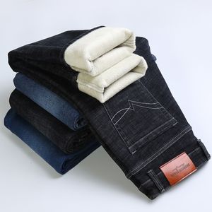 Heren jeans winter plus fluweel dikke flaggy Korean Business casual stretch denim broek klassiek merk losse fleece broek 220923