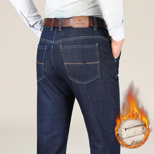 Jeans pour hommes hiver qualité tissu polaire épais chaud taille haute droite ample père affaires pantalons décontractés pantalon