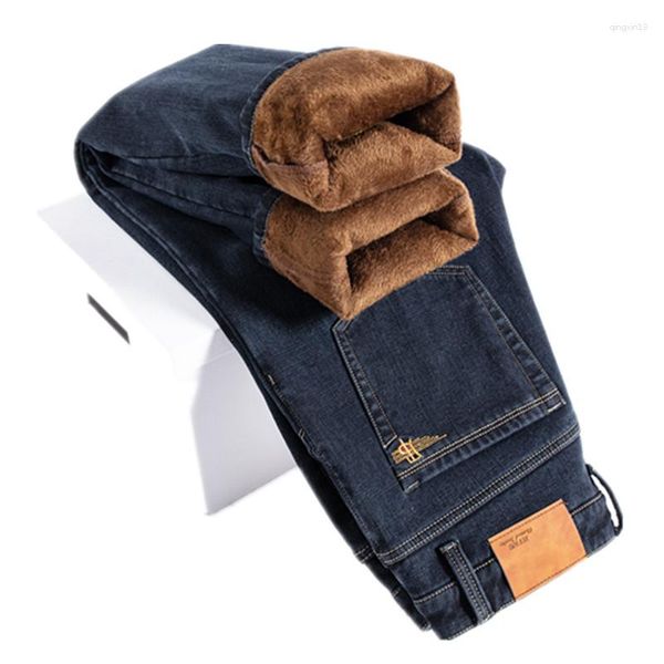 Hommes Jeans Hiver Thermique Chaud Flanelle Stretch Mens Qualité Marque Polaire Pantalon Hommes Droite Flocage Épais Pantalon Grande Taille 42 44 46