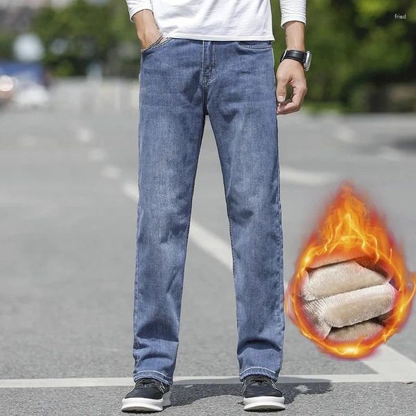 Jeans pour hommes hiver velours rembourré classique jambe droite taille haute décontractée coton extensible pantalons chauds à la mode