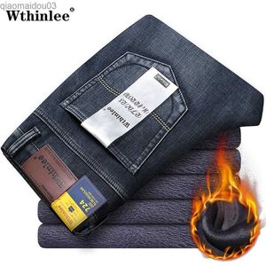 Heren jeans winter warme flanel elastische jeans voor heren winter hoge kwaliteit beroemde merk wollen broek rechte band jeansl2404