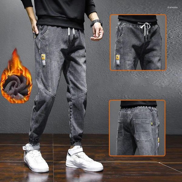 Jeans para hombres Invierno Cálido Fleece Denim Hombres Harem Stretch Algodón Grueso Pantalones de terciopelo Azul Negro Pantalones casuales Masculino