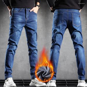 Jeans pour hommes hiver chaud polaire Slim Design épaissir Stretch bleu Denim pantalon mâle marque vêtements 38