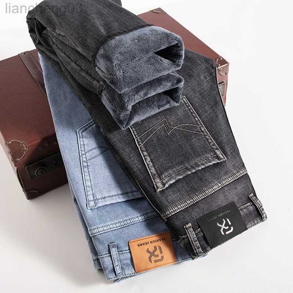 Jeans pour hommes Hiver chaud hommes polaire mode gris jean 2022 nouveau antivol fermeture éclair conception Stretch coupe régulière Denim pantalon mâle marque pantalon W0413