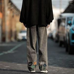 Jeans pour hommes femmes brodées streetwear jambe large avec broderie florale de dessin animé taille élastique entrejambe profonde pour la mode