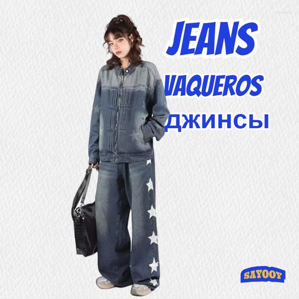 Jeans pour hommes femmes bleu Vintage femme mode Streetwear étoiles motif Baggy pantalon à jambes larges Y2K Kpop Denim pantalon 2023 Hip Hop pantalon