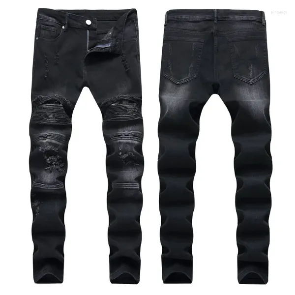 Jeans masculin pantalon à moto ridé long avec une légère élasticité petite tube droit slim fit usé usé