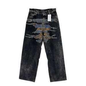 Jeans masculin y / project 23fw show style patch jean brodé jean lavé et endommagé pantalon de la jambe droite à taille moyenne et endommagée