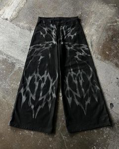 Jeans pour hommes Y2K Style américain Pantalon imprimé ondulé Taille haute Lavé Pantalon à jambes larges Hommes Harajuku Rétro surdimensionné