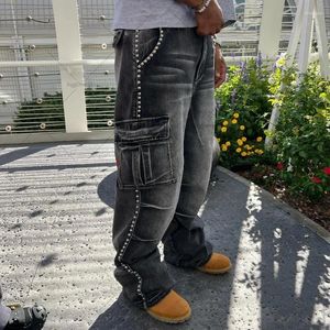 Jeans pour hommes Y2K American Trendy Marque Mode Lâche Pantalon à jambes larges Perlé Multi-poche Casual Hommes Femmes surdimensionnées