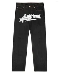 Jeans para hombres Y2k Badfriend Carta Impresión Pantalones Hip Hop Baggy Black Denim Harajuku Punk Rock Pantalones de pierna ancha Streetwear