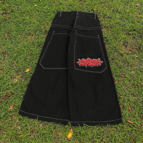 Jeans para hombres Y2k Baggy Bordado Pierna ancha negra Pantalones sueltos Pareja Four Seasons Streetwear EE. UU. Casual y para mujeres