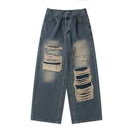 Jeans pour hommes Y2K Baggy High Streetretro jeans de réparation de trous pour hommes et femmes de style américain pantalon de vadrouille à jambes larges et droites 230607
