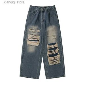 Jeans masculin y2k Baggy High Streetro-Hole Réparation Réparation Bélans et femmes American Style High Street Loose Loose Ligne Ligne de la jambe Ligping L49
