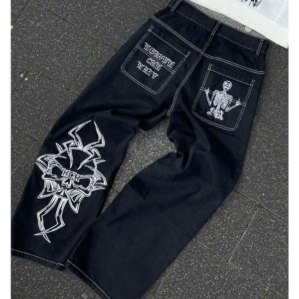 Jeans pour hommes Y2k noir rétro crâne démon démon lavé hommes haute rue vente Baggy femmes Hip Hop Stretch taille pantalon 230712