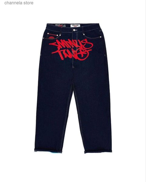 Jeans pour hommes Y2K noir slim droit brodé jean hommes printemps et automne tendance lâche pantalon de couple décontracté streetwear détail/vente en gros T240227