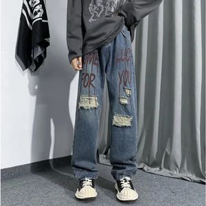 Heren jeans y2k kleding hiphop hiphop gewassen verontruste letter geprinte mannen mode rechte been brede been losse paar broek