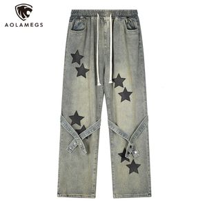 Jeans pour hommes Y2K Cross Straped Vintage Washed Jeans pour hommes Pentagram Print Harajuku Streetwear Pantalon droit avec cordon de serrage Pantalon en denim ample 230524
