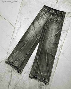 Jeans voor heren Y2K vernietigde stiksels Jeans voor heren Zwart gewassen jeans Gotische stijl Street Trend Kleding Retro losse broek met wijde pijpen L240313